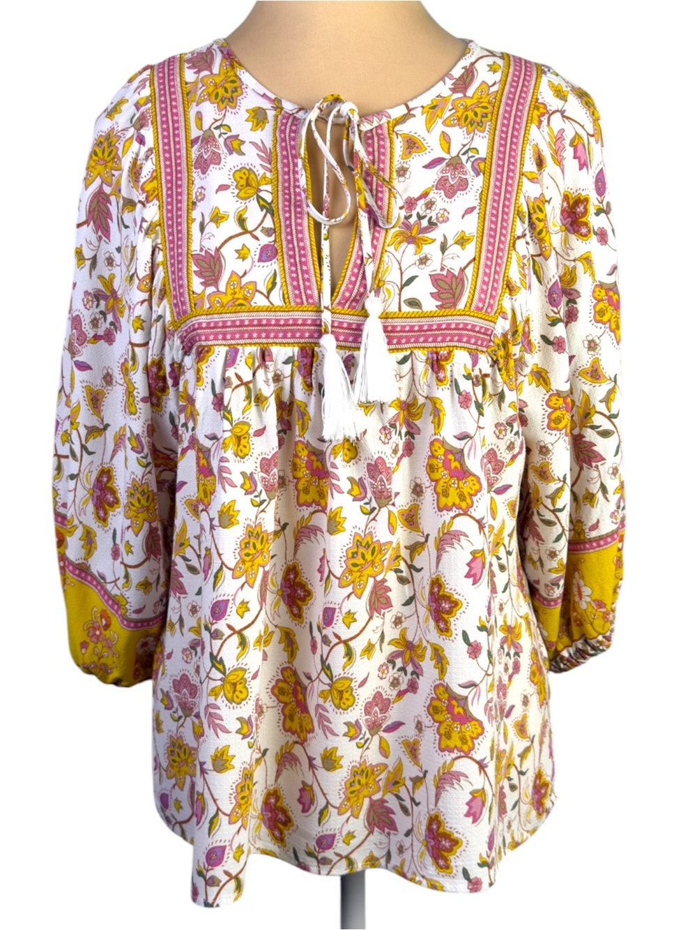 Rachel Zoe Floral Peasant Blouse 100% Viscose Tassel Tie 3/4 Balloon Sleeve Sz M